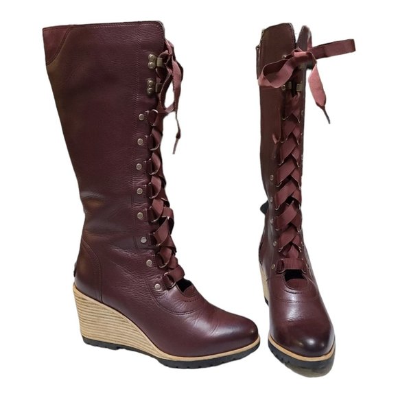 Sorel Shoes - Elegant Red/Brown Lace-Up Wedge Boots